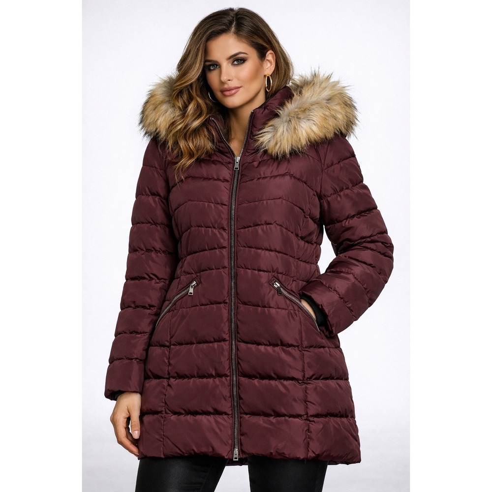 Laundry by Shelli Segal Puffer Coat Faux Fur Hood Burgundy Size Small